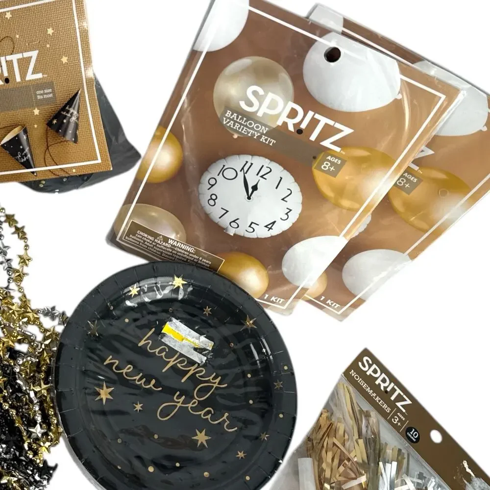 New Year’s Eve Party Supplies Bundle Spritz Black Gold Balloons Plates Hats